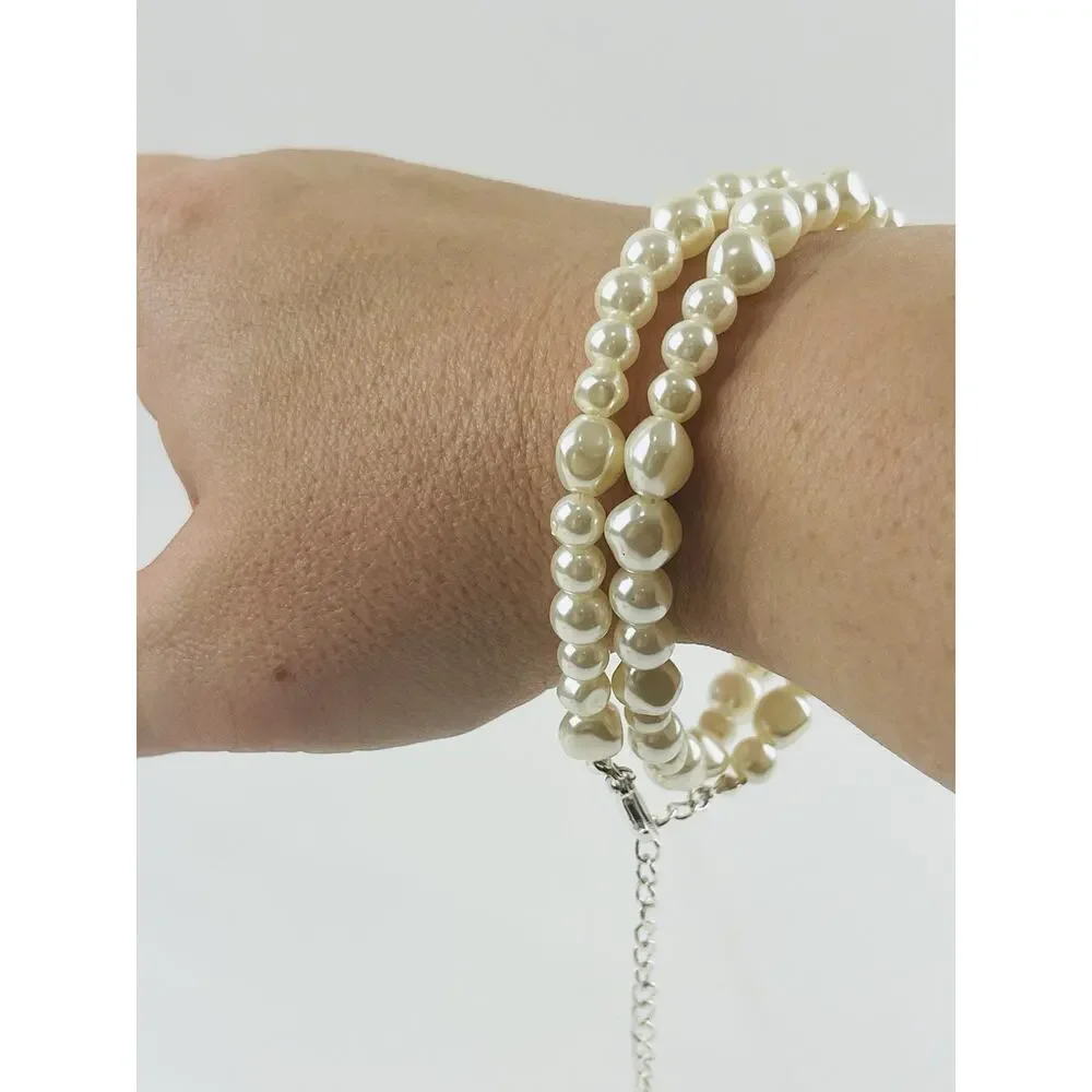 Avon SAQ Faux Pearl Necklace Silver-tone Choker Collar Could be bracelet - doubl